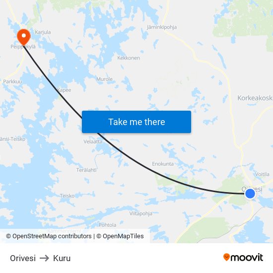 Orivesi to Kuru map