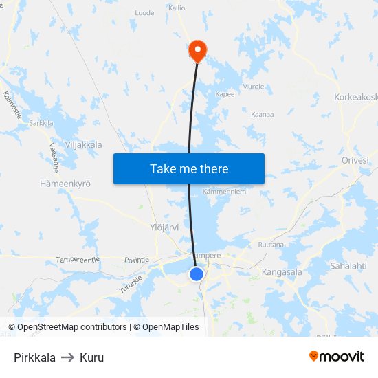 Pirkkala to Kuru map