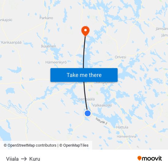 Viiala to Kuru map
