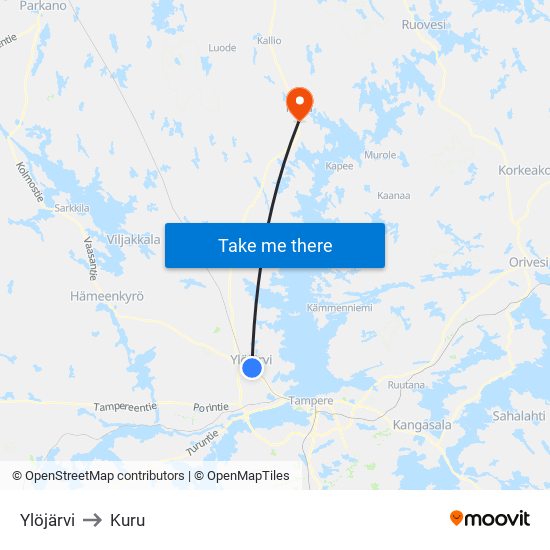 Ylöjärvi to Kuru map