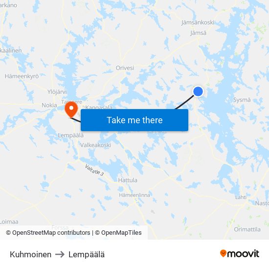 Kuhmoinen to Lempäälä map