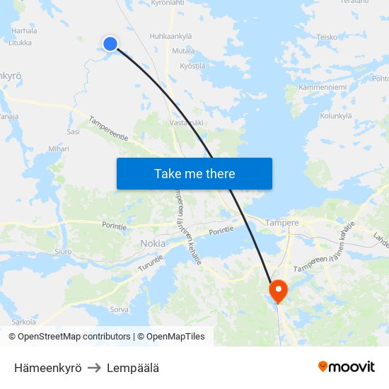 Hämeenkyrö to Lempäälä map
