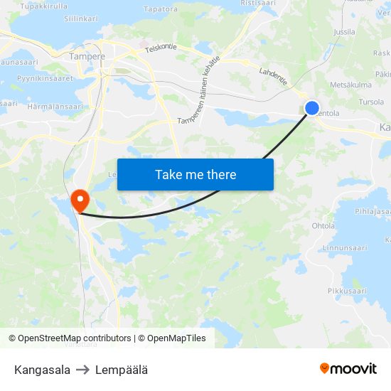 Kangasala to Lempäälä map