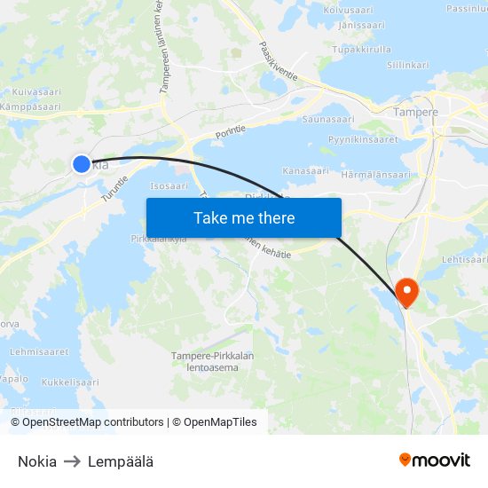 Nokia to Lempäälä map