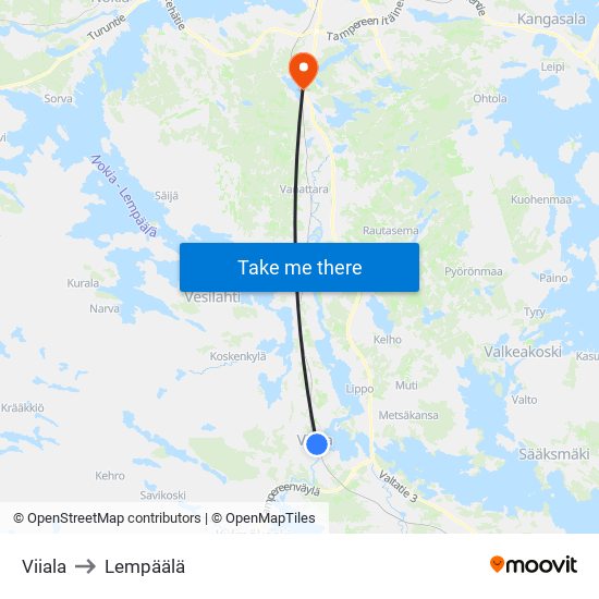 Viiala to Lempäälä map