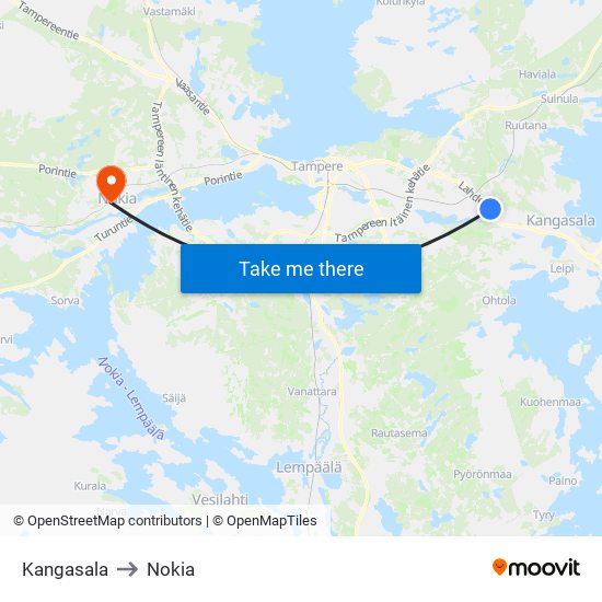 Kangasala to Nokia map