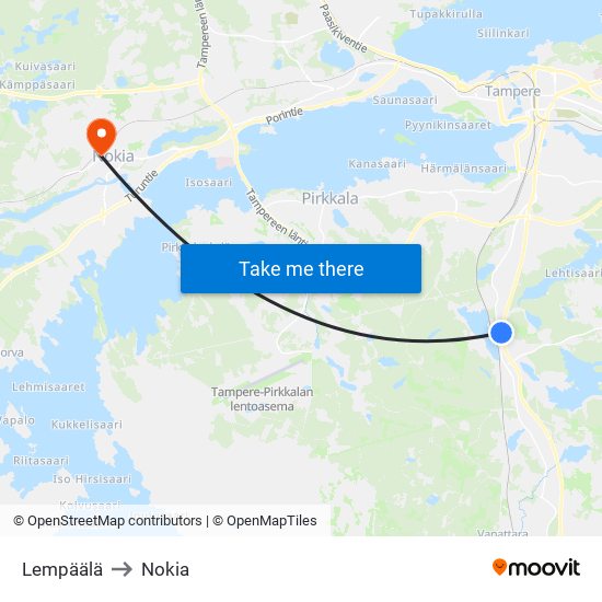 Lempäälä to Nokia map