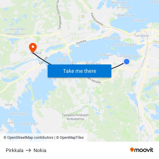 Pirkkala to Nokia map