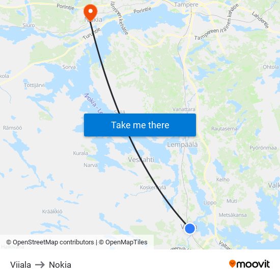 Viiala to Nokia map