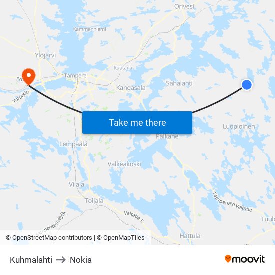 Kuhmalahti to Nokia map