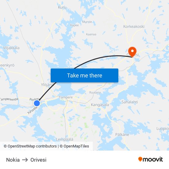 Nokia to Orivesi map