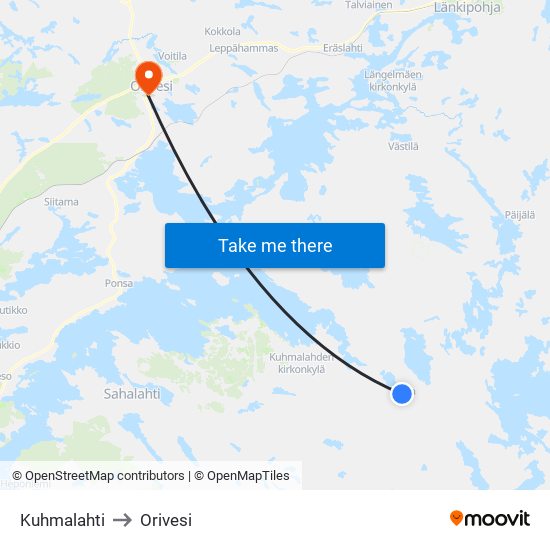Kuhmalahti to Orivesi map