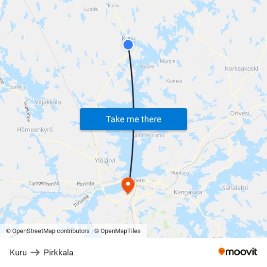 Kuru to Pirkkala map