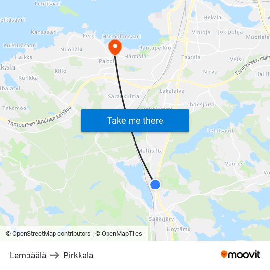 Lempäälä to Pirkkala map