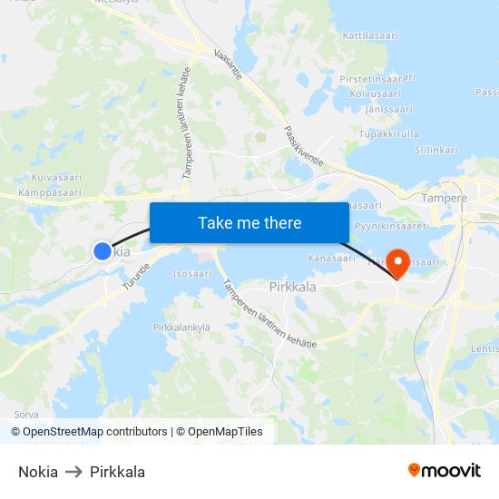 Nokia to Pirkkala map