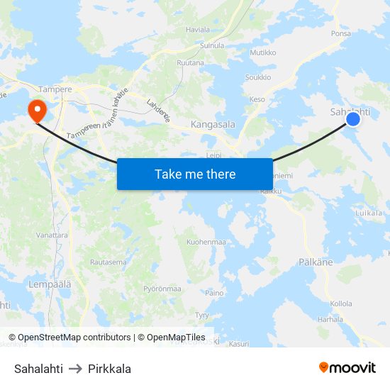 Sahalahti to Pirkkala map