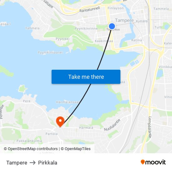 Tampere to Pirkkala map