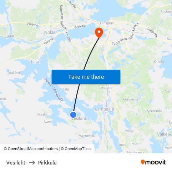 Vesilahti to Pirkkala map