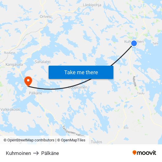 Kuhmoinen to Pälkäne map