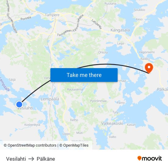 Vesilahti to Pälkäne map