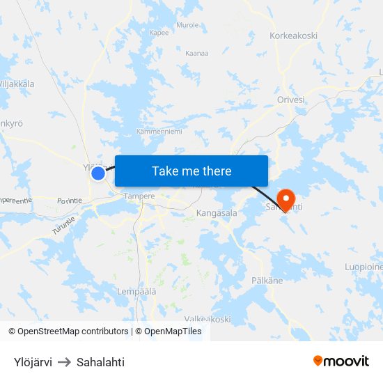 Ylöjärvi to Sahalahti map