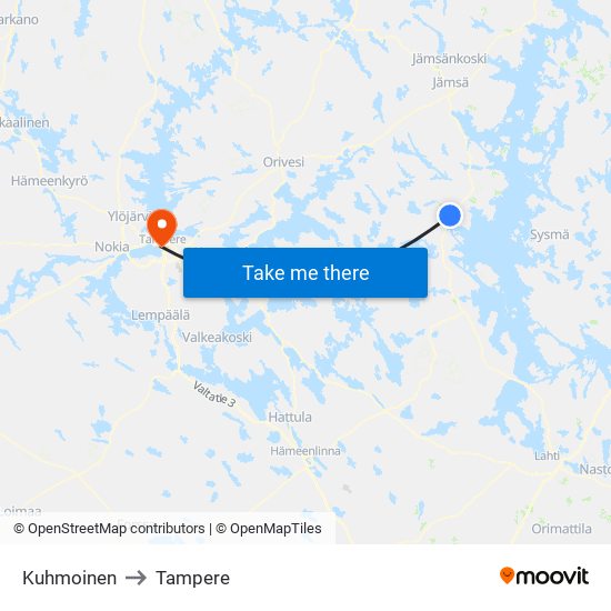 Kuhmoinen to Tampere map