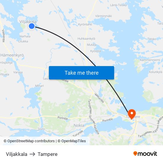 Viljakkala to Tampere map