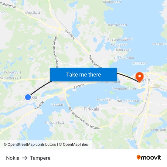 Nokia to Tampere map