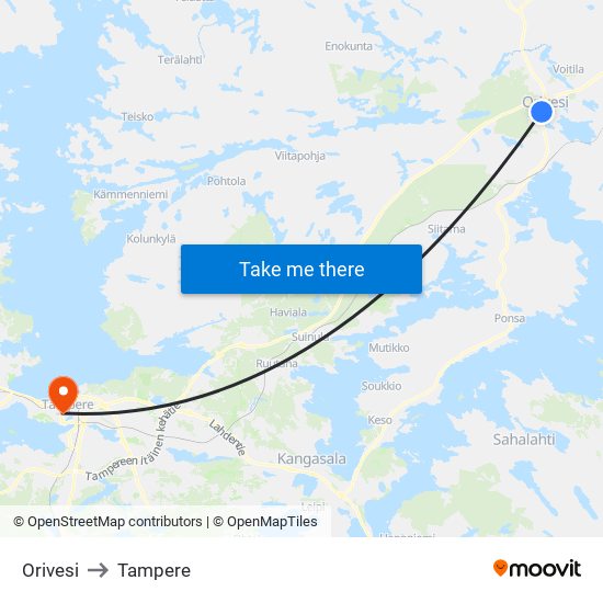 Orivesi to Tampere map