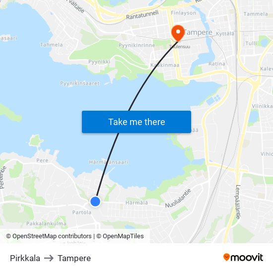 Pirkkala to Tampere map