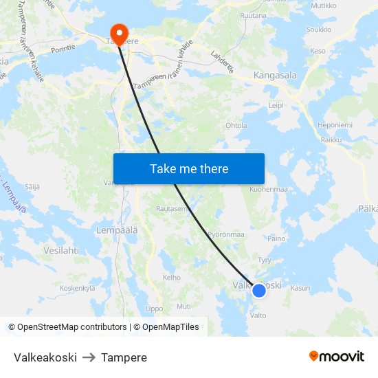Valkeakoski to Tampere map