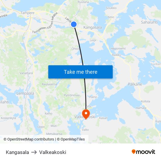 Kangasala to Valkeakoski map