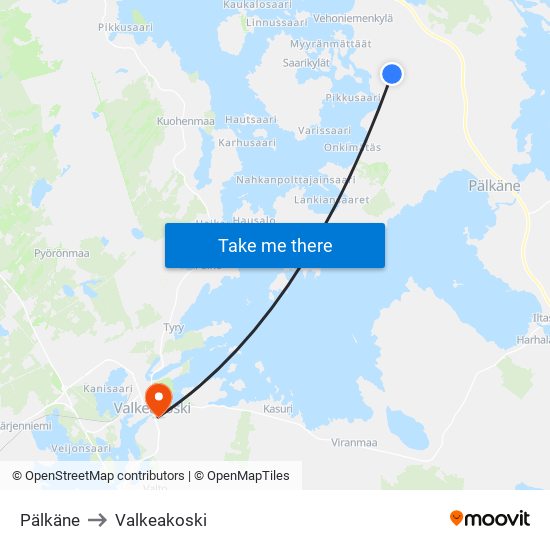 Pälkäne to Valkeakoski map