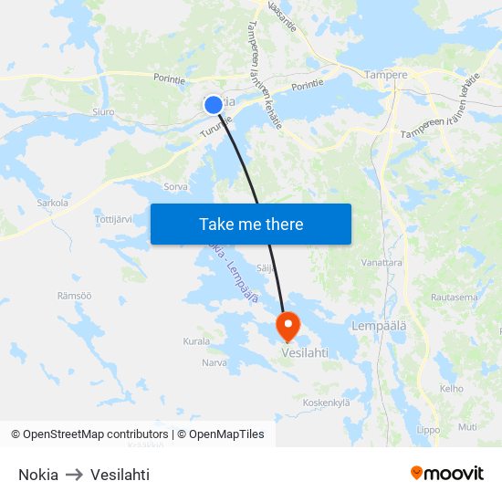 Nokia to Vesilahti map