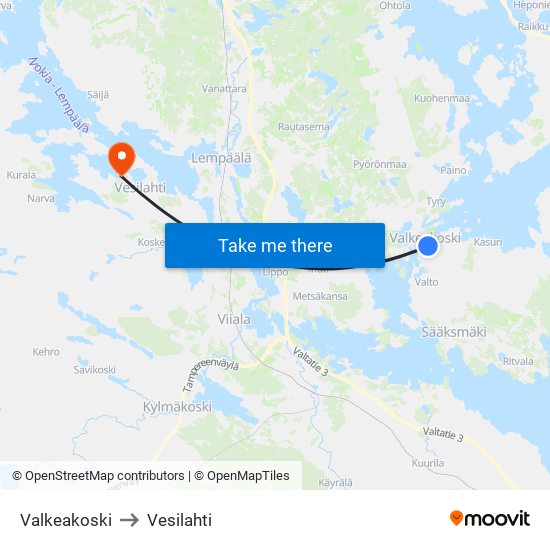 Valkeakoski to Vesilahti map