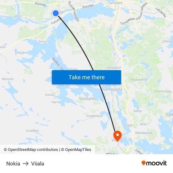 Nokia to Viiala map