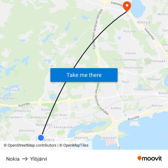 Nokia to Ylöjärvi map