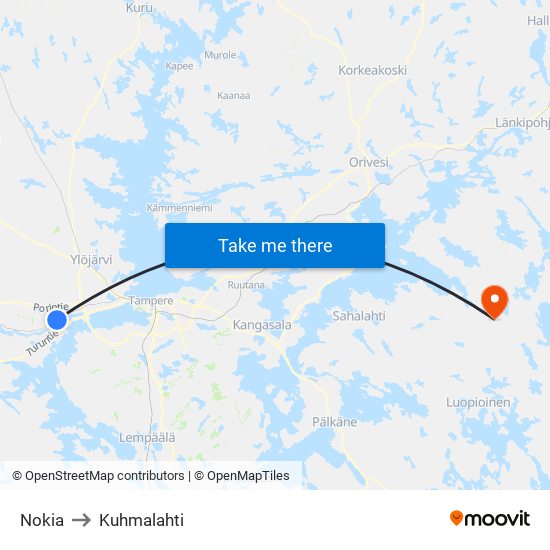 Nokia to Kuhmalahti map