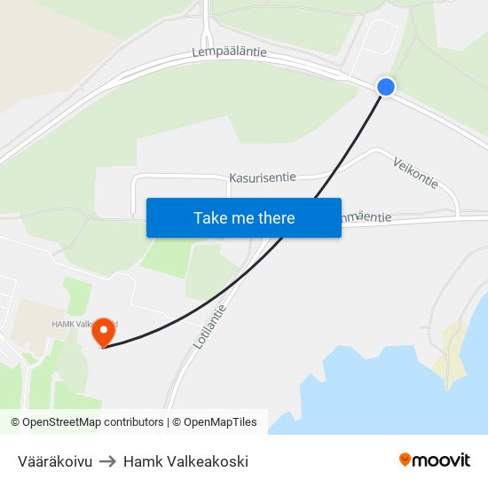 Vääräkoivu to Hamk Valkeakoski map