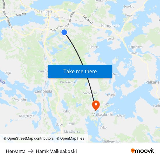 Hervanta to Hamk Valkeakoski map