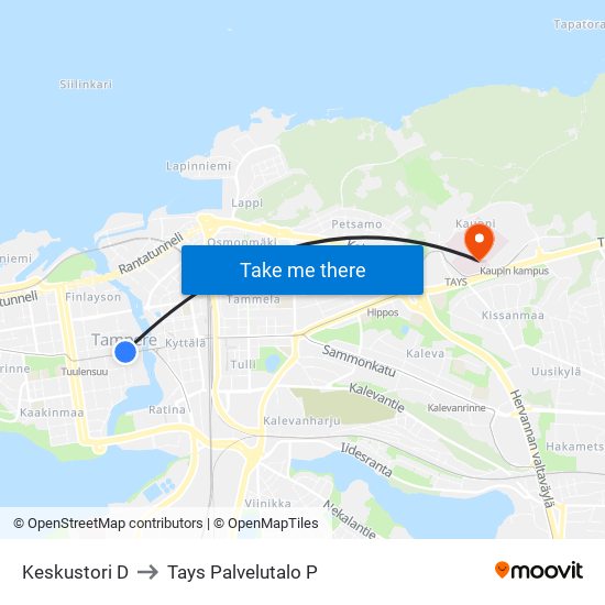 Keskustori D to Tays Palvelutalo P map