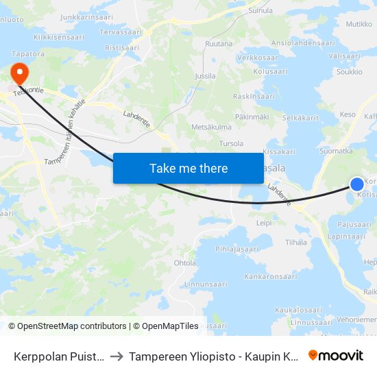 Kerppolan Puistotie to Tampereen Yliopisto - Kaupin Kampus map