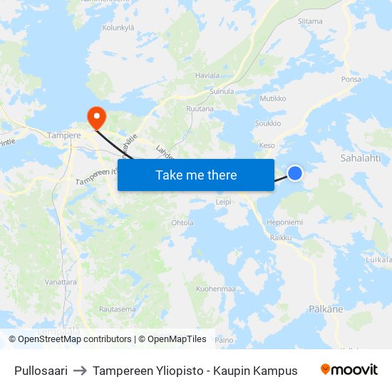 Pullosaari to Tampereen Yliopisto - Kaupin Kampus map