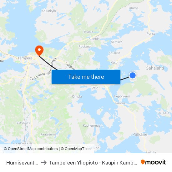 Humisevantie to Tampereen Yliopisto - Kaupin Kampus map