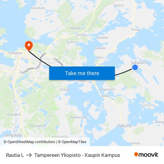 Rautia L to Tampereen Yliopisto - Kaupin Kampus map