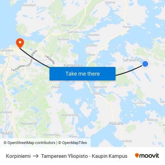 Korpiniemi to Tampereen Yliopisto - Kaupin Kampus map