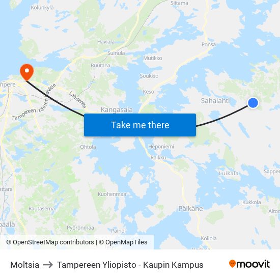 Moltsia to Tampereen Yliopisto - Kaupin Kampus map