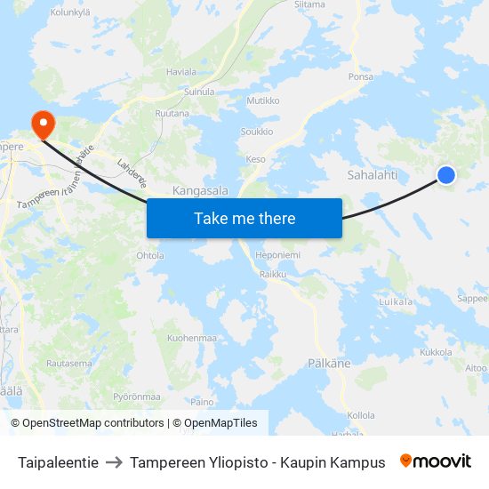 Taipaleentie to Tampereen Yliopisto - Kaupin Kampus map