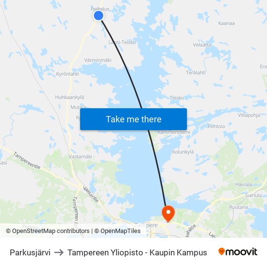 Parkusjärvi to Tampereen Yliopisto - Kaupin Kampus map