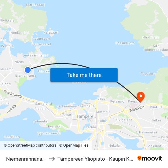 Niemenrannanaukio to Tampereen Yliopisto - Kaupin Kampus map